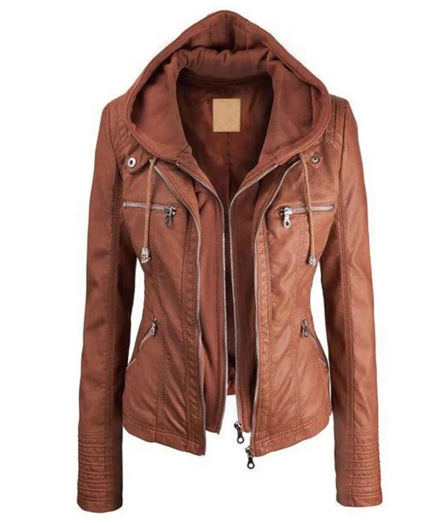 Womens Brown Faux Leather Zip-Up Hooded Jacket
