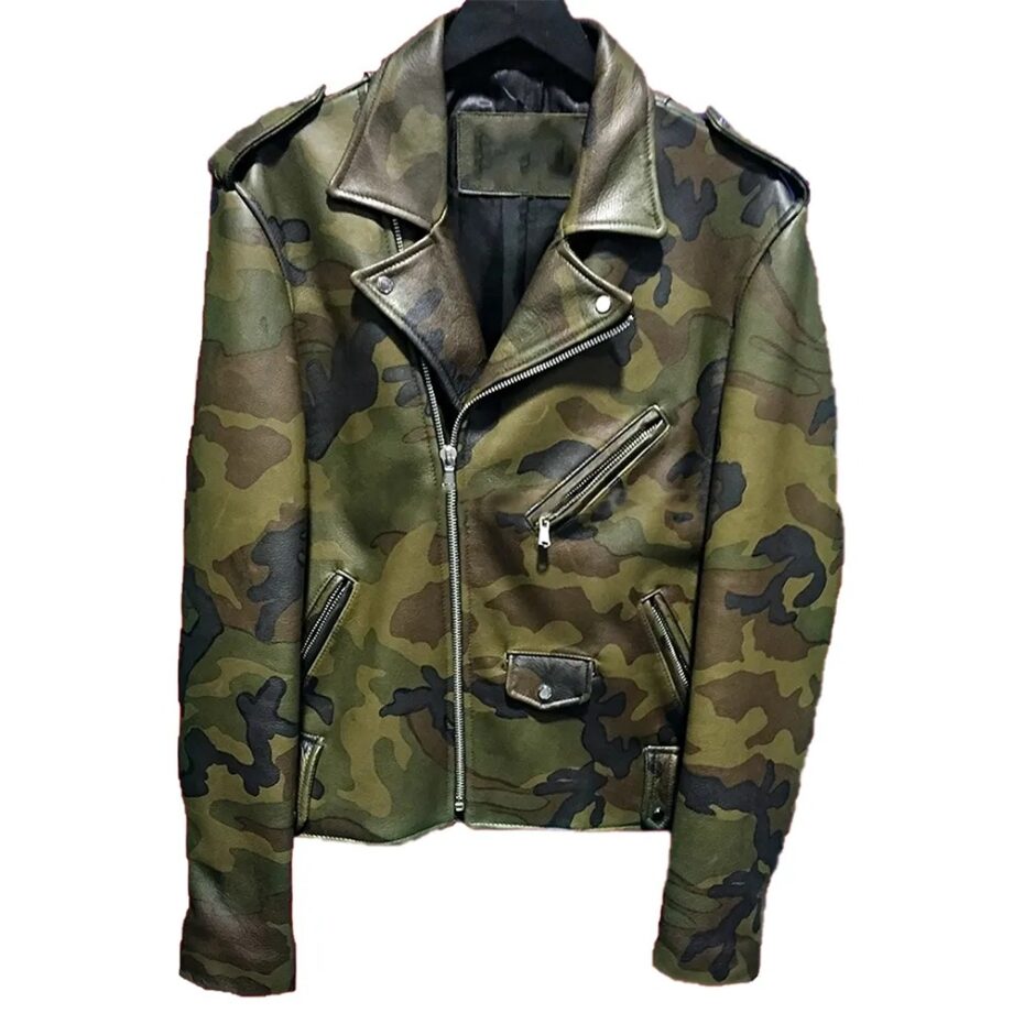 Mens Biker Classic Military Camouflage Leather Jacket