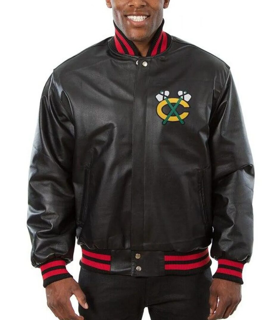 Chicago Blackhawks Black Leather Varsity Jacket