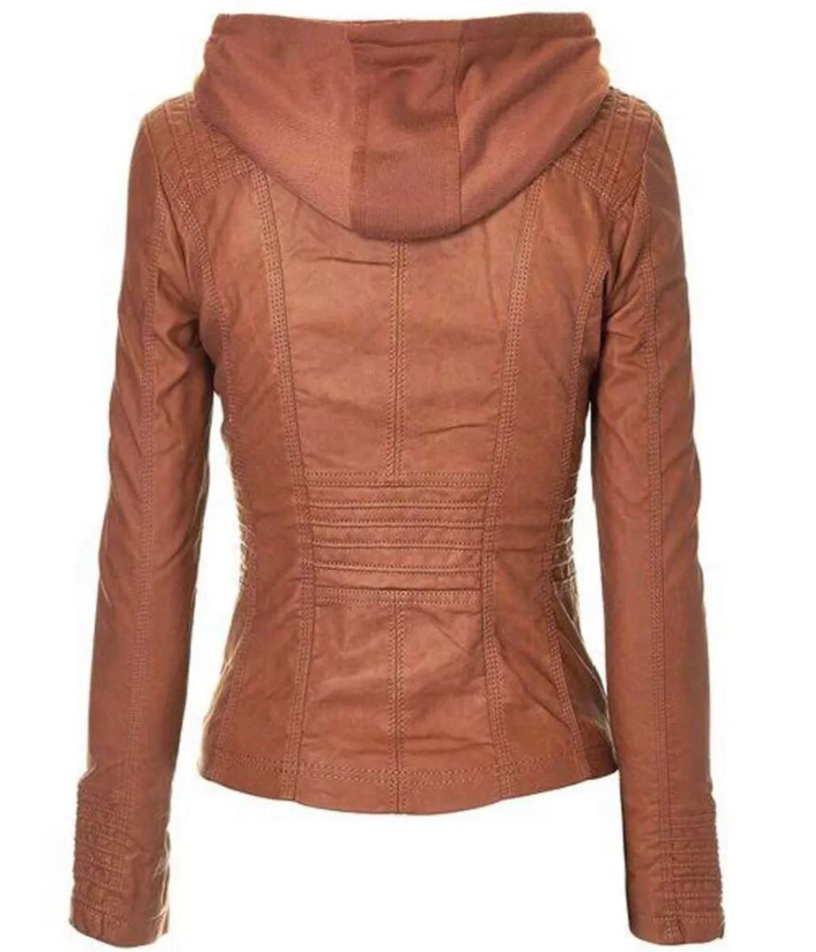 Womens Brown Faux Leather Zip-Up Hooded Jacket