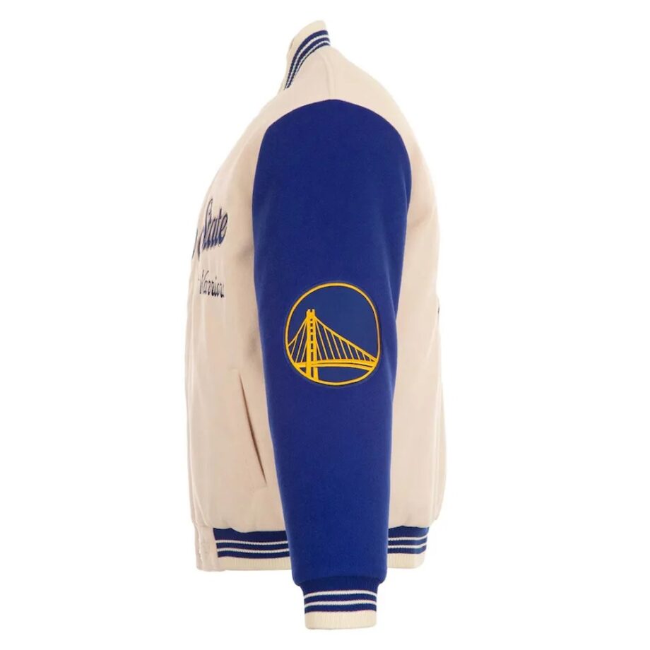 Golden State Warriors Cream and Blue Varsity Jacket