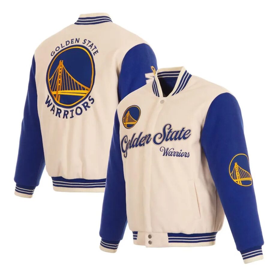 Golden State Warriors Cream and Blue Varsity Jacket