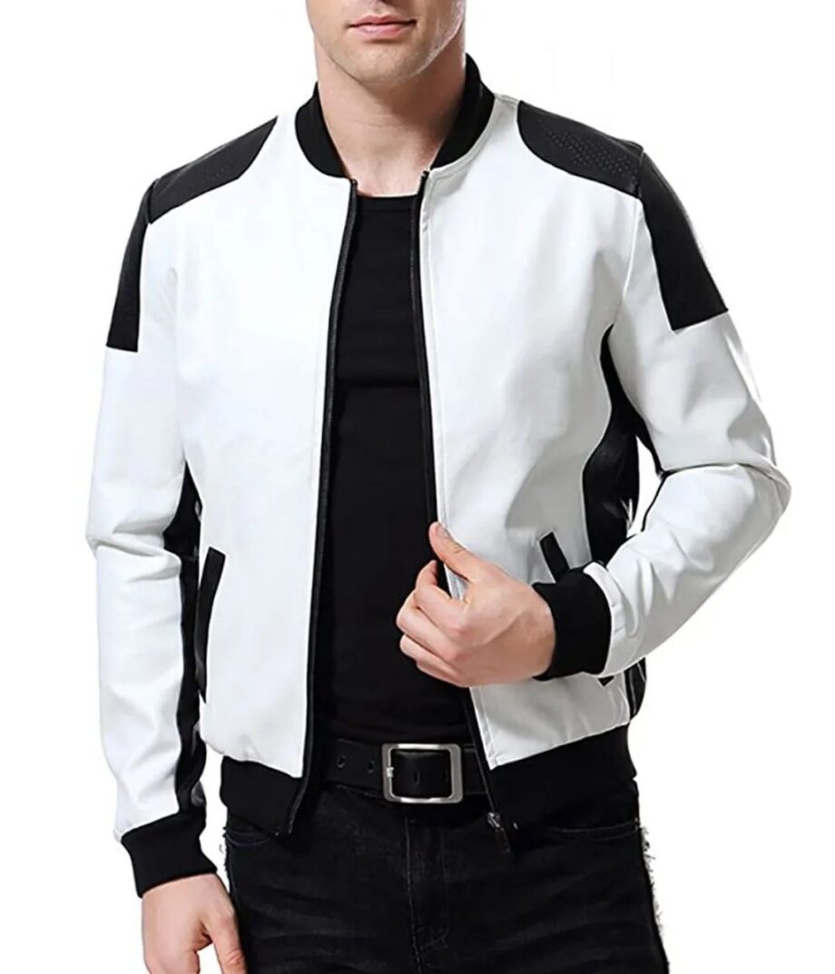 Mens Black & White Leather Biker Bomber Jacket