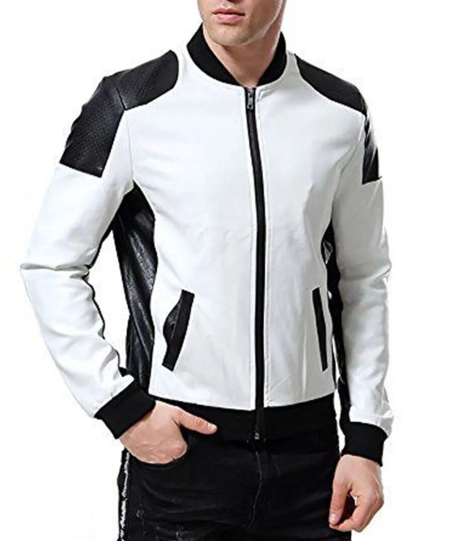Mens Black & White Leather Biker Bomber Jacket