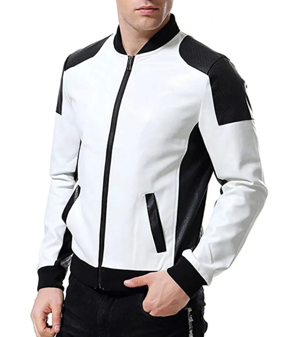 Mens Black & White Leather Biker Bomber Jacket