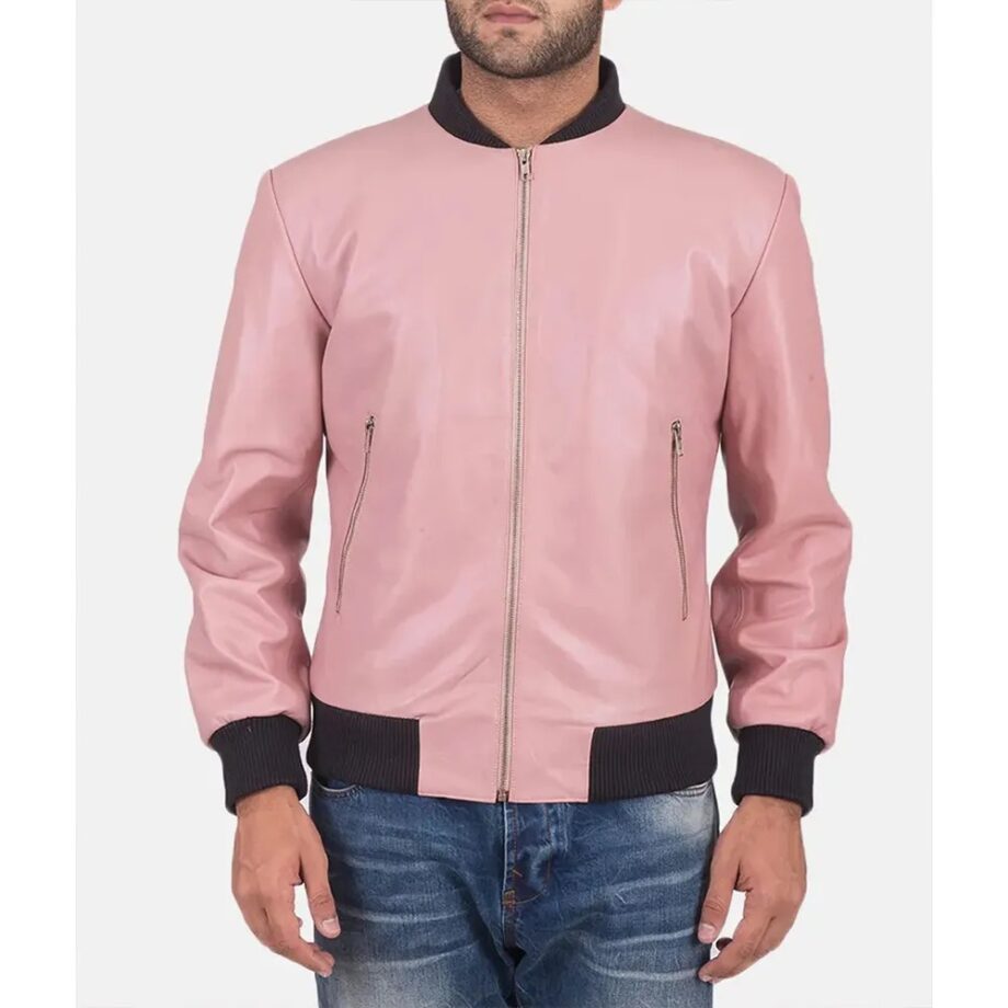 Mens Pink Leather Bomber Jacket