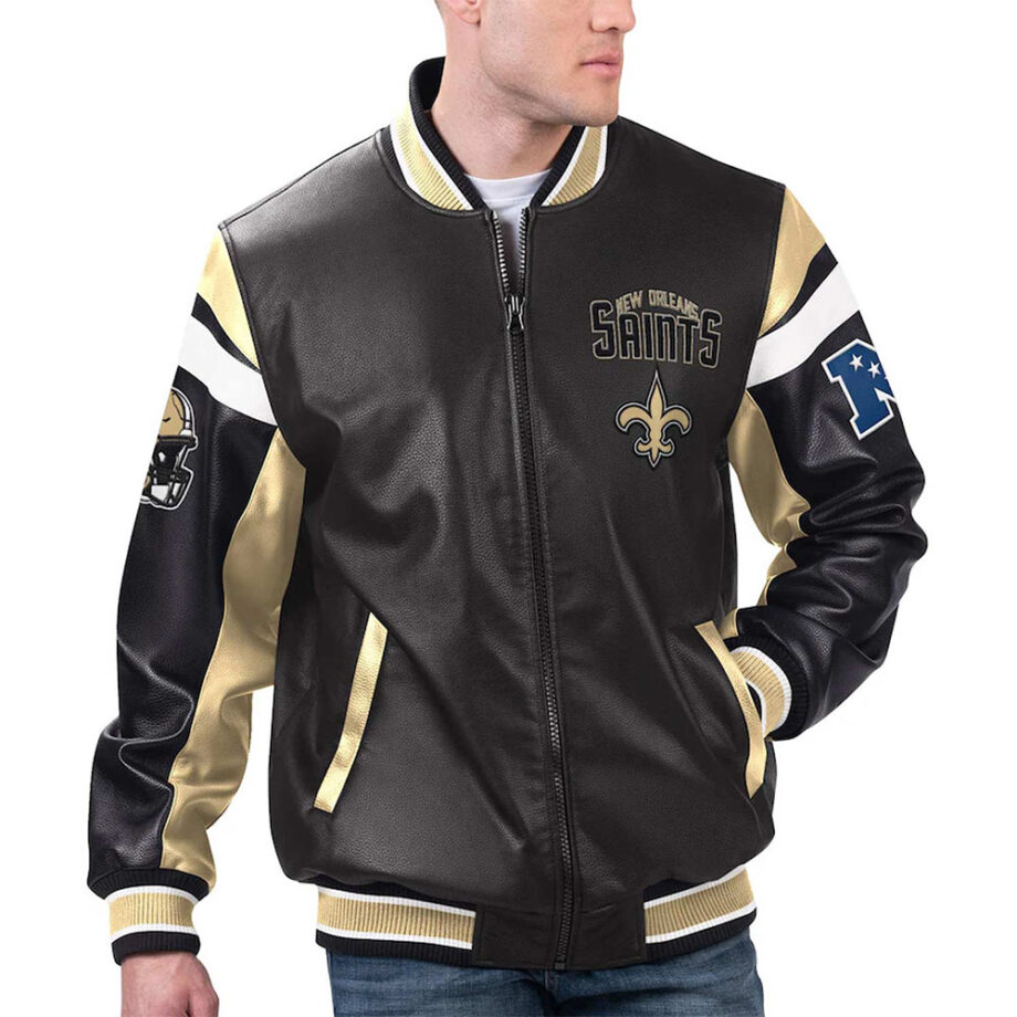 New Orleans Saints Black Varsity Faux Leather Jacket