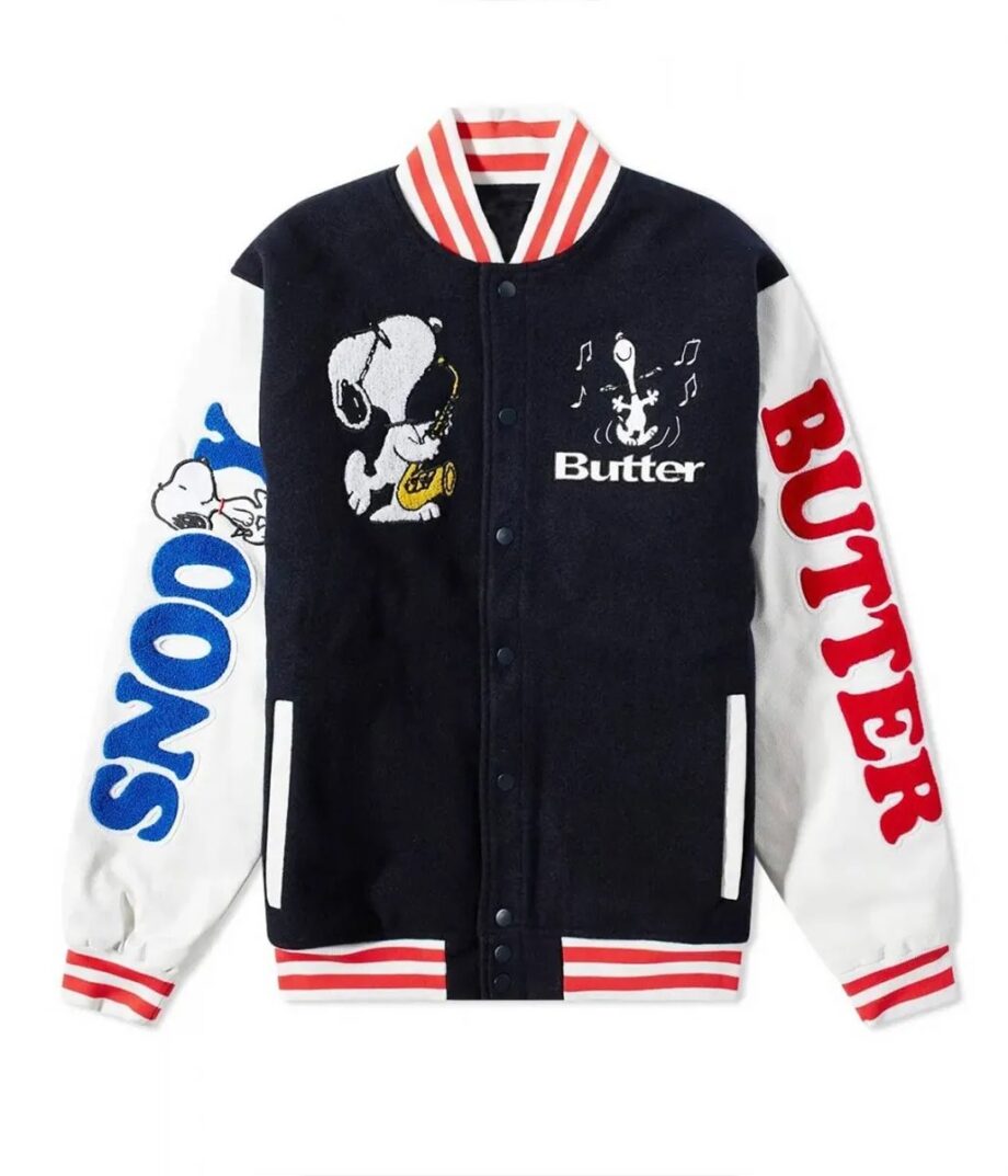 Snoopy Butter Black and White Letterman Jacket