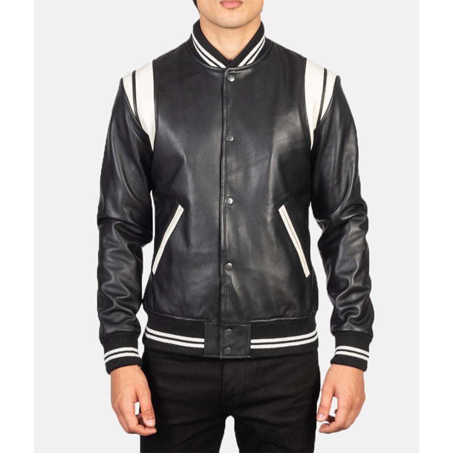 Men Varsity Teddy Black Leather Jacket