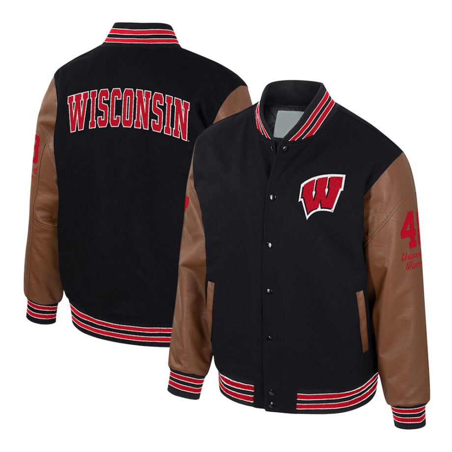 Wisconsin Badgers Black & Brown Letterman Jacket