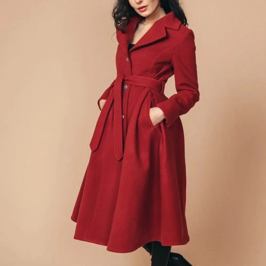 Vintage 1950s Women Red Wool Swing Coat