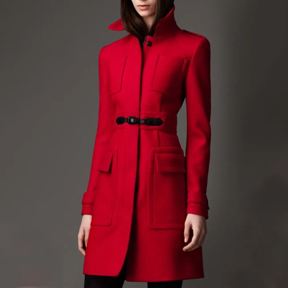 Women Military Buckle Detail Red Wool Coat