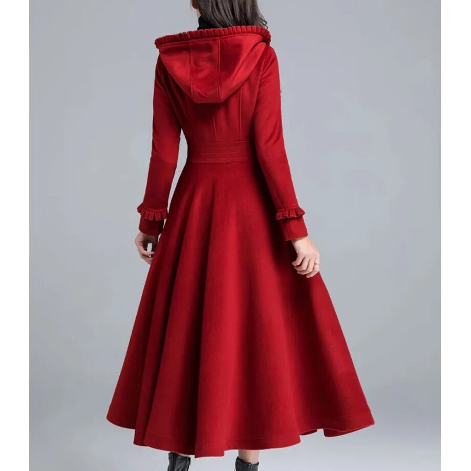 Women Princess Classic Swing Red Wool Hooded Coat