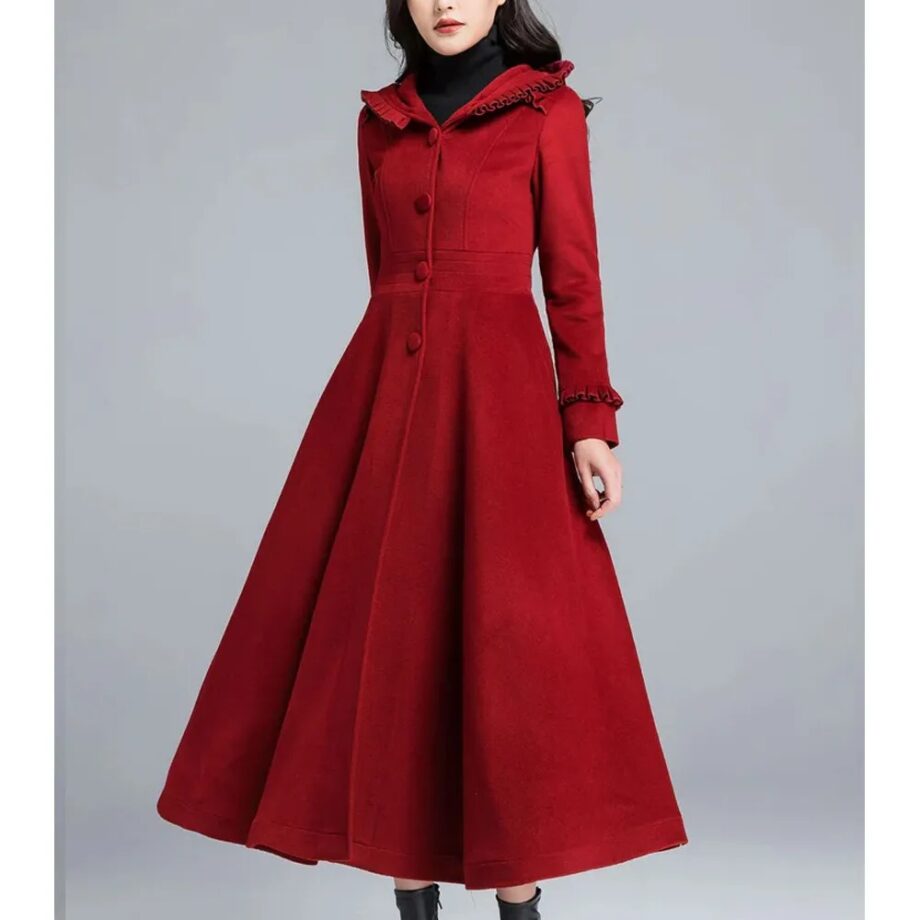 Women Princess Classic Swing Red Wool Hooded Coat
