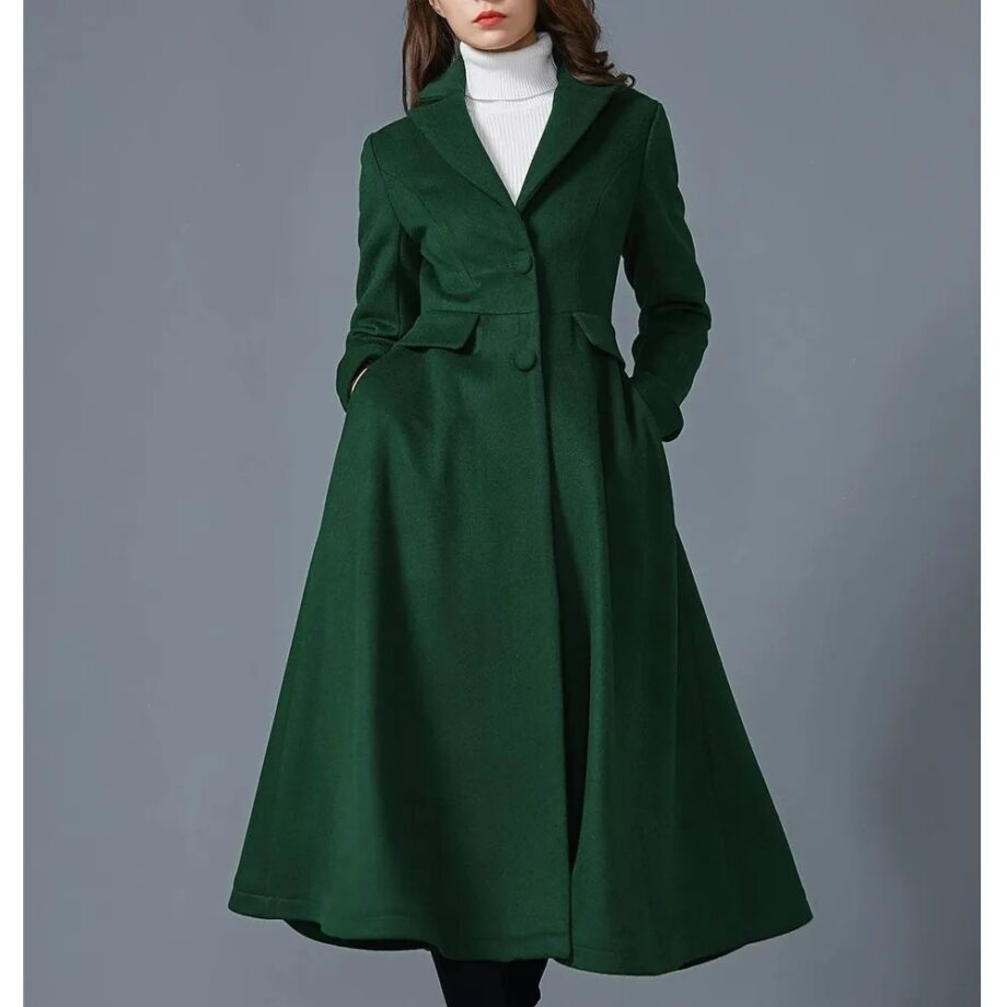 Women Swing Dark Green Wool Coat