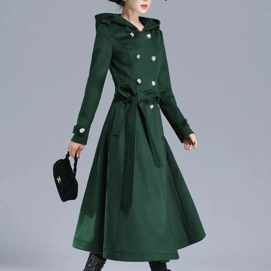 Women Double Breasted Green Wool Trench Coat
