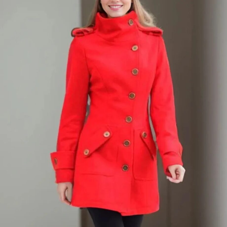 Women Fitted Military Style Red Wool Coat