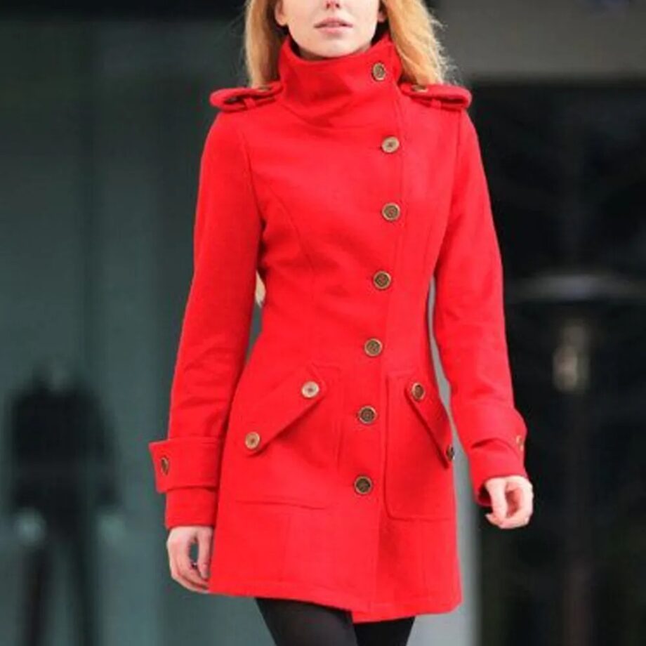 Women Fitted Military Style Red Wool Coat