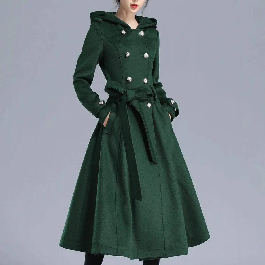 Women Double Breasted Green Wool Trench Coat