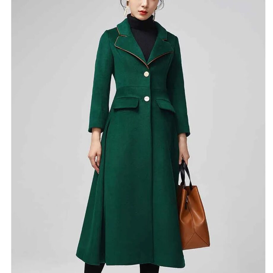 Women Green Maxi Wool Coat