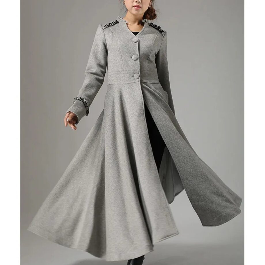 Women Long Wool Coat with Ruffle