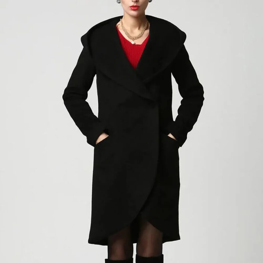 Women Asymmetrical Mid-Length Wool Coat with Hood