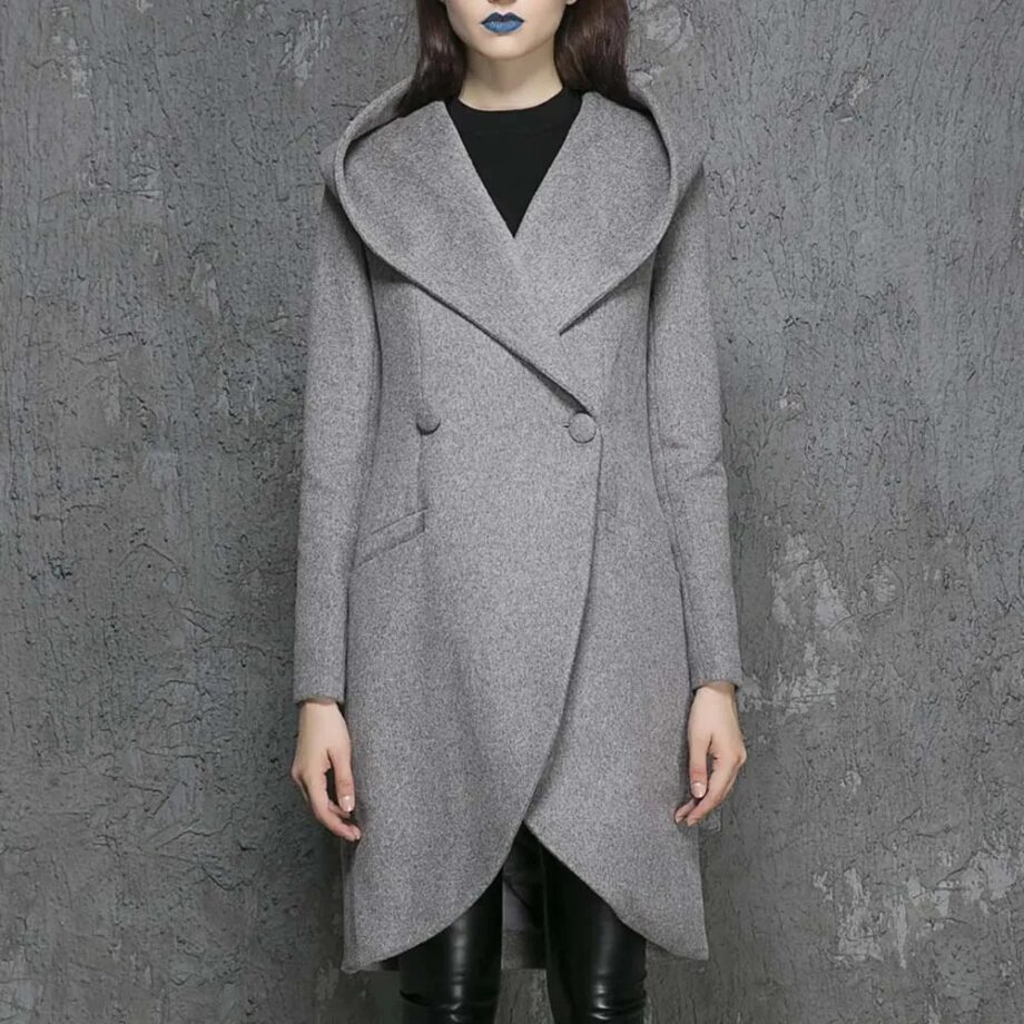 Women Asymmetrical Mid-Length Wool Coat with Hood