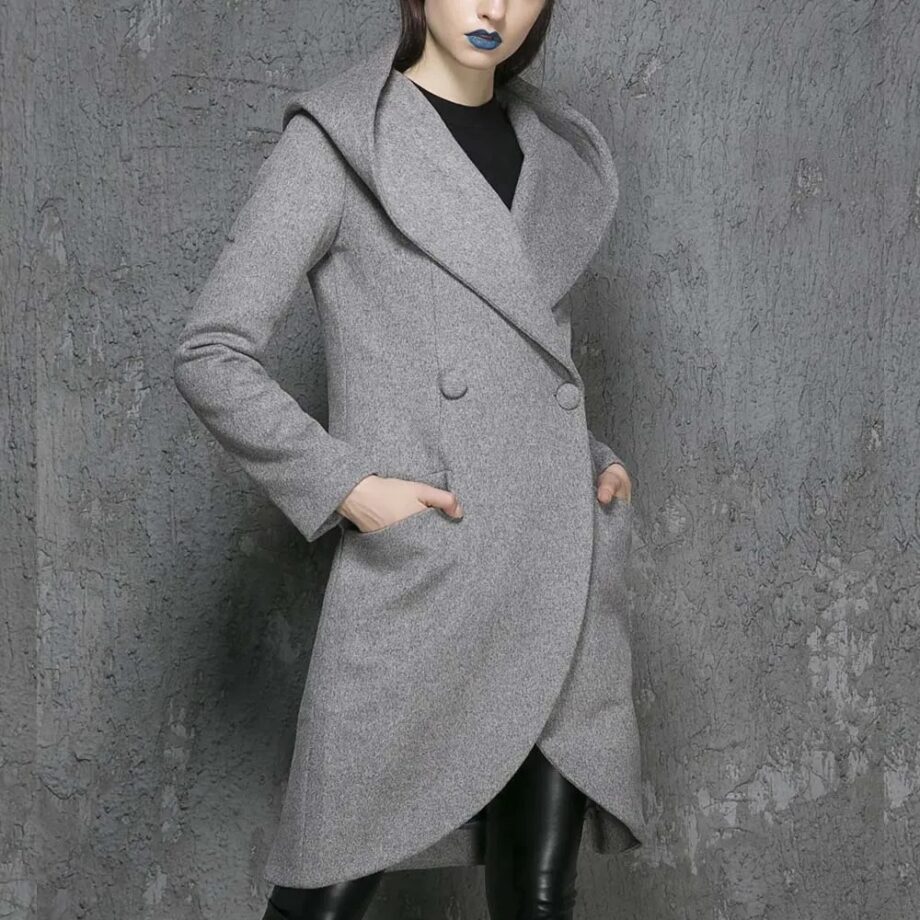 Women Asymmetrical Mid-Length Wool Coat with Hood