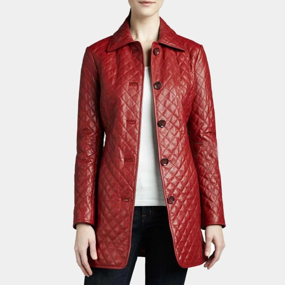 Women’s Quilted Red Mid Length Leather Coat