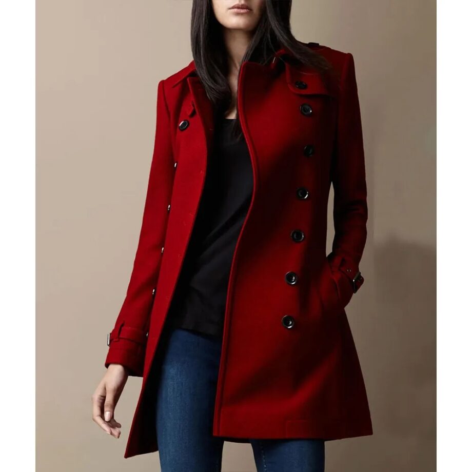 Womens Red Wool Mid-Length Trench Coat