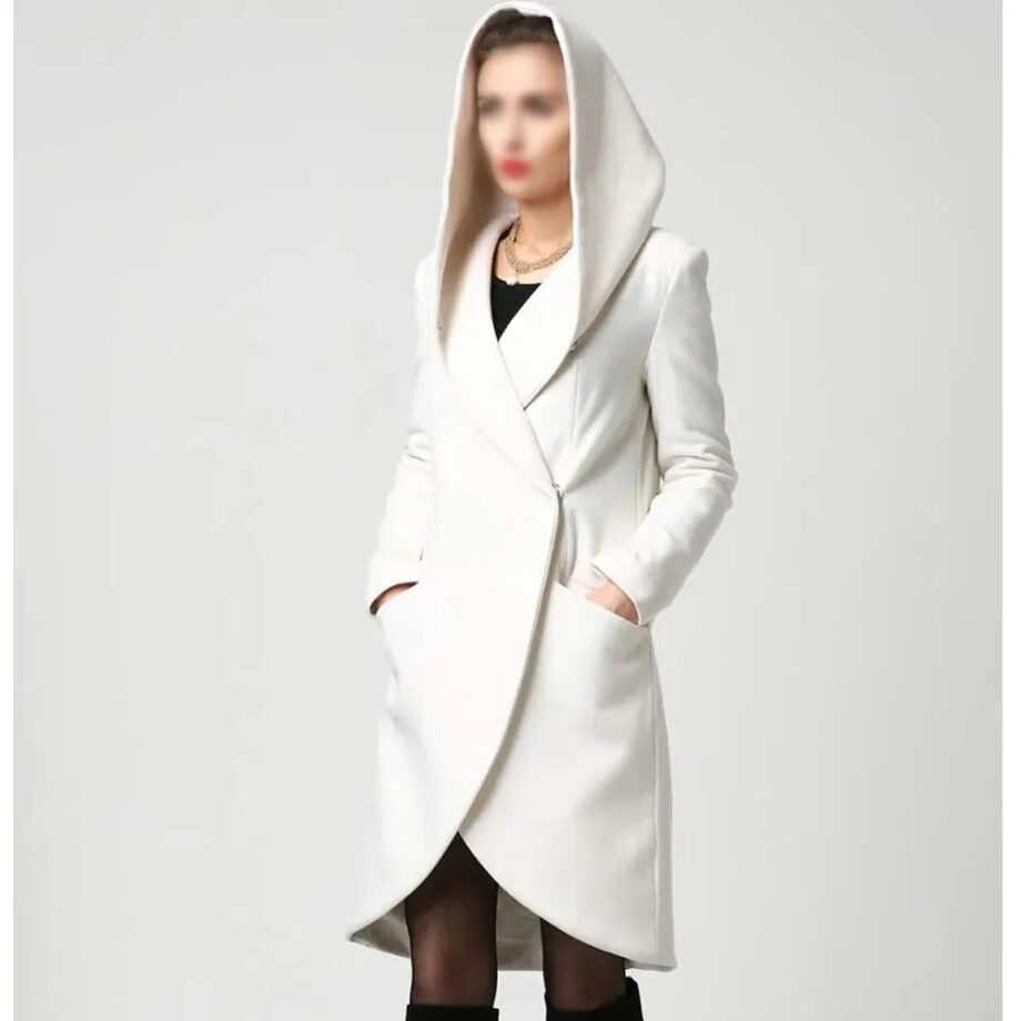 Women Asymmetrical Mid-Length Wool Coat with Hood