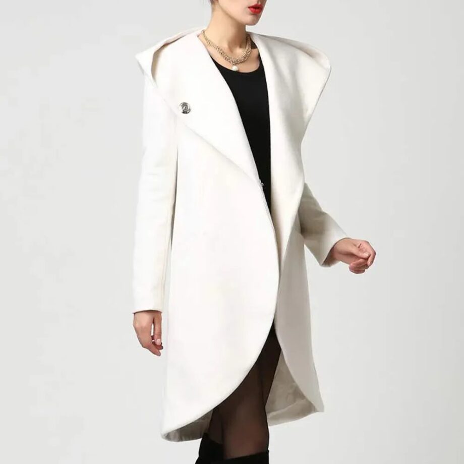 Women Asymmetrical Mid-Length Wool Coat with Hood