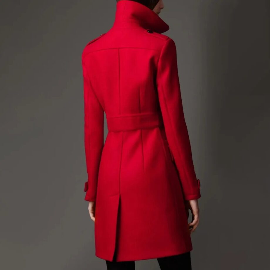 Women Military Buckle Detail Red Wool Coat