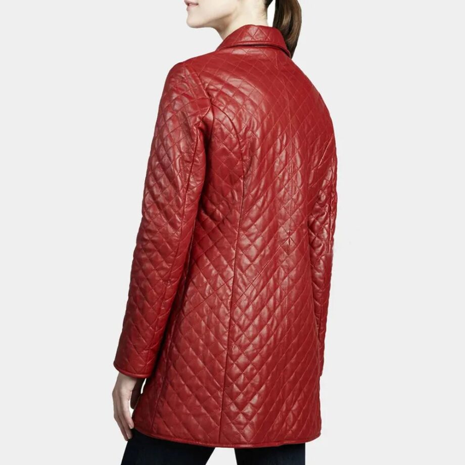 Women’s Quilted Red Mid Length Leather Coat