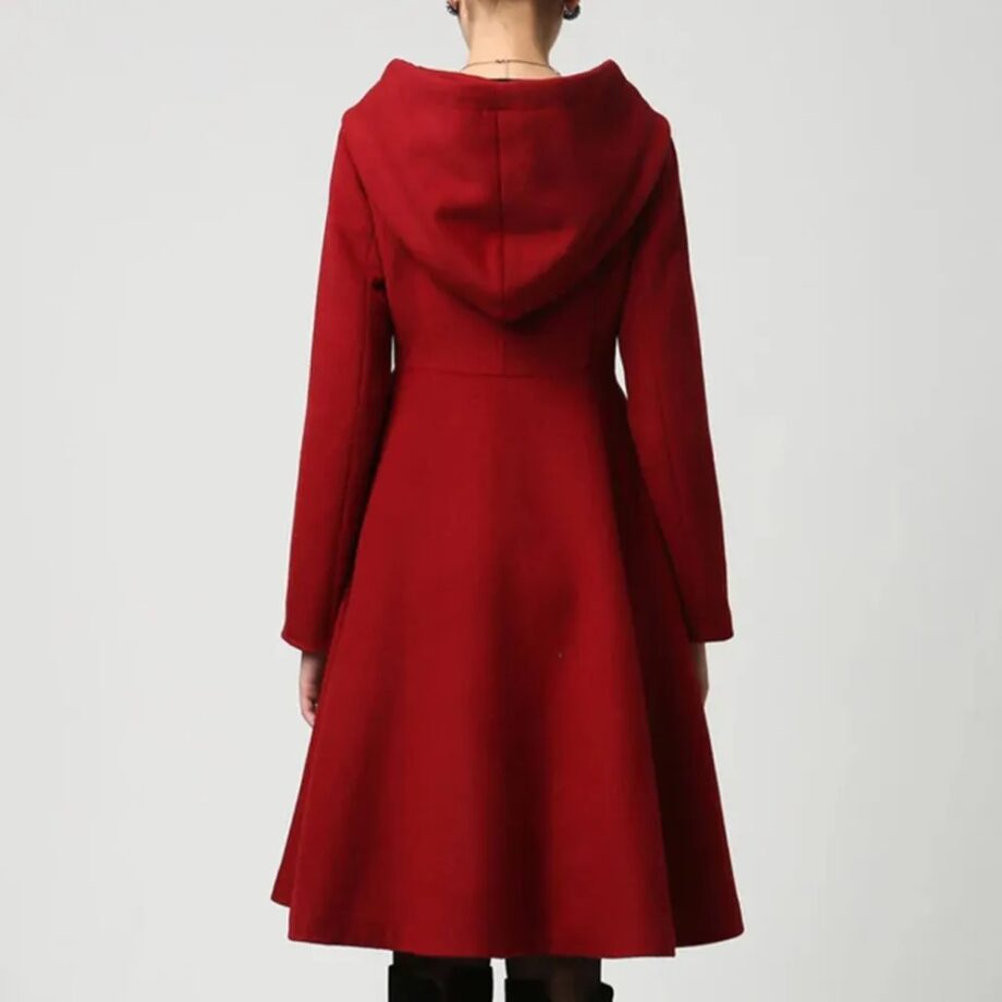 Women Red Wool Swing Coat with Hood