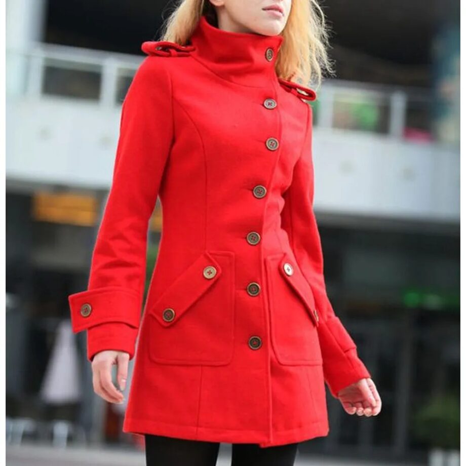 Women Fitted Military Style Red Wool Coat