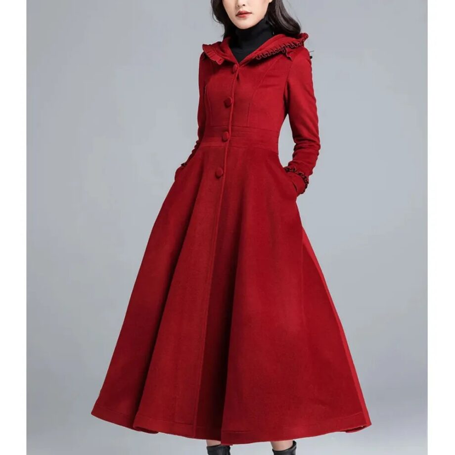Women Princess Classic Swing Red Wool Hooded Coat