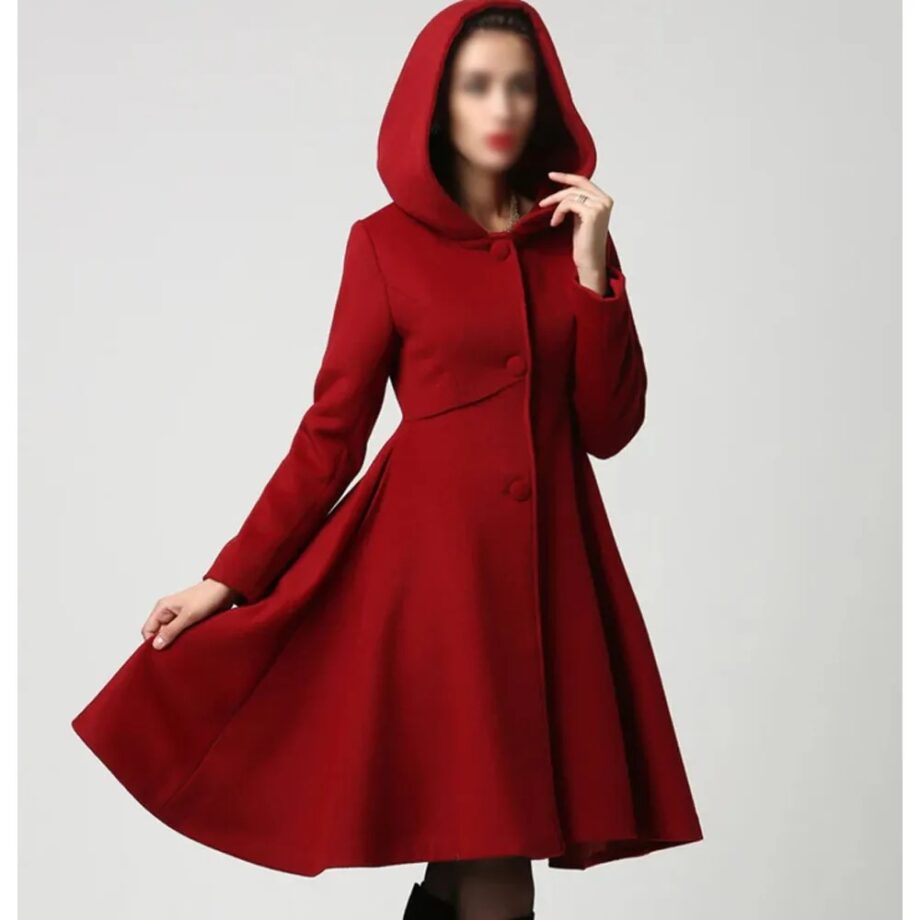 Women Red Wool Swing Coat with Hood