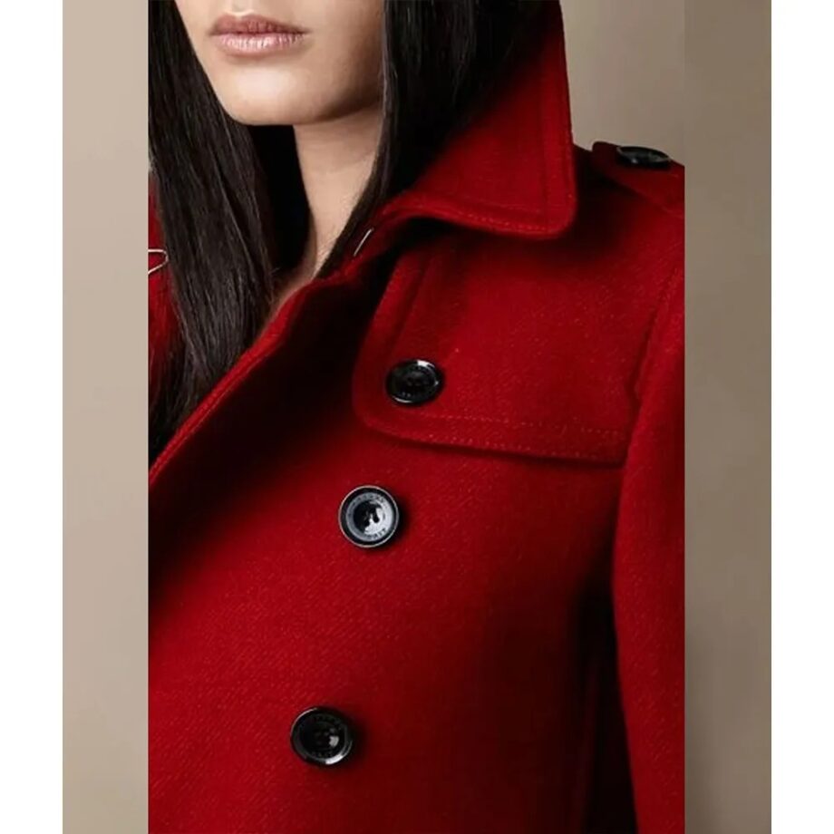 Womens Red Wool Mid-Length Trench Coat