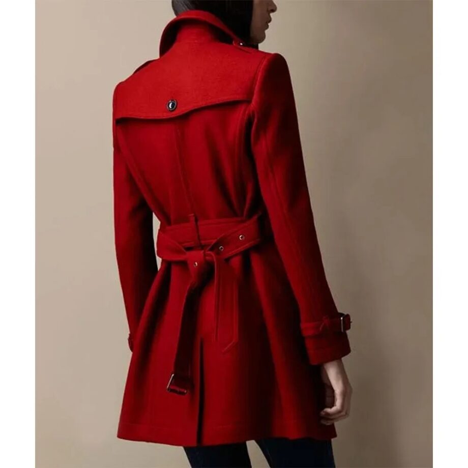 Womens Red Wool Mid-Length Trench Coat