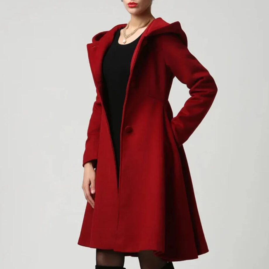 Women Red Wool Swing Coat with Hood