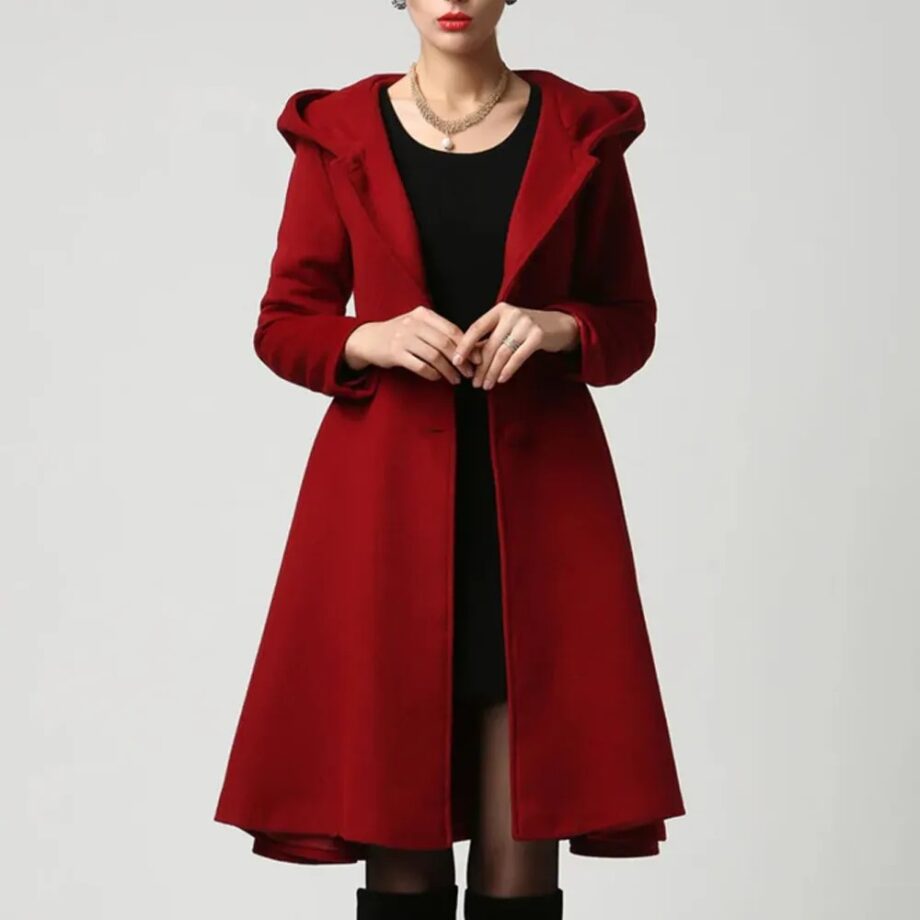 Women Red Wool Swing Coat with Hood