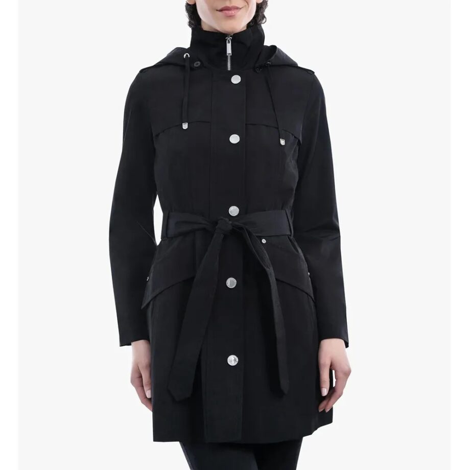 Women Zip Front Belted Hooded Coat
