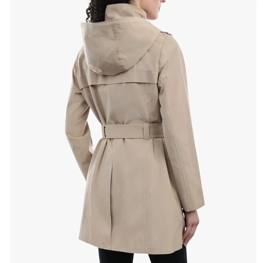Women Zip Front Belted Hooded Coat