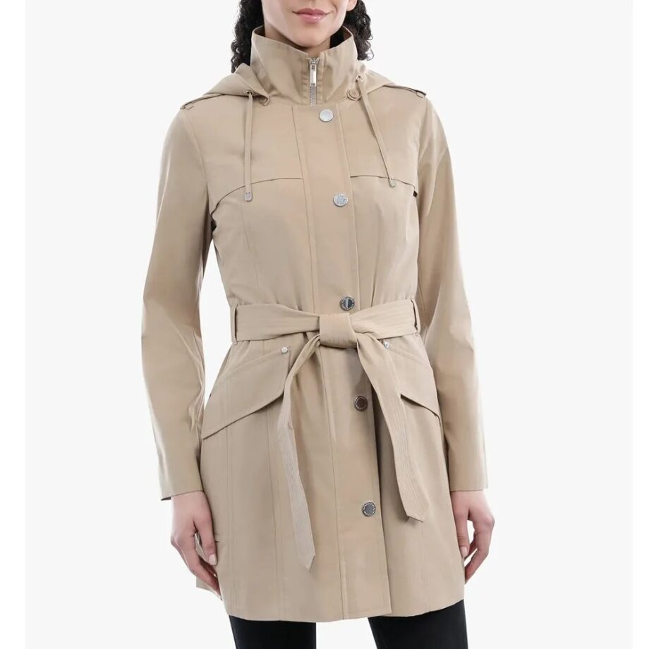 Women Zip Front Belted Hooded Coat