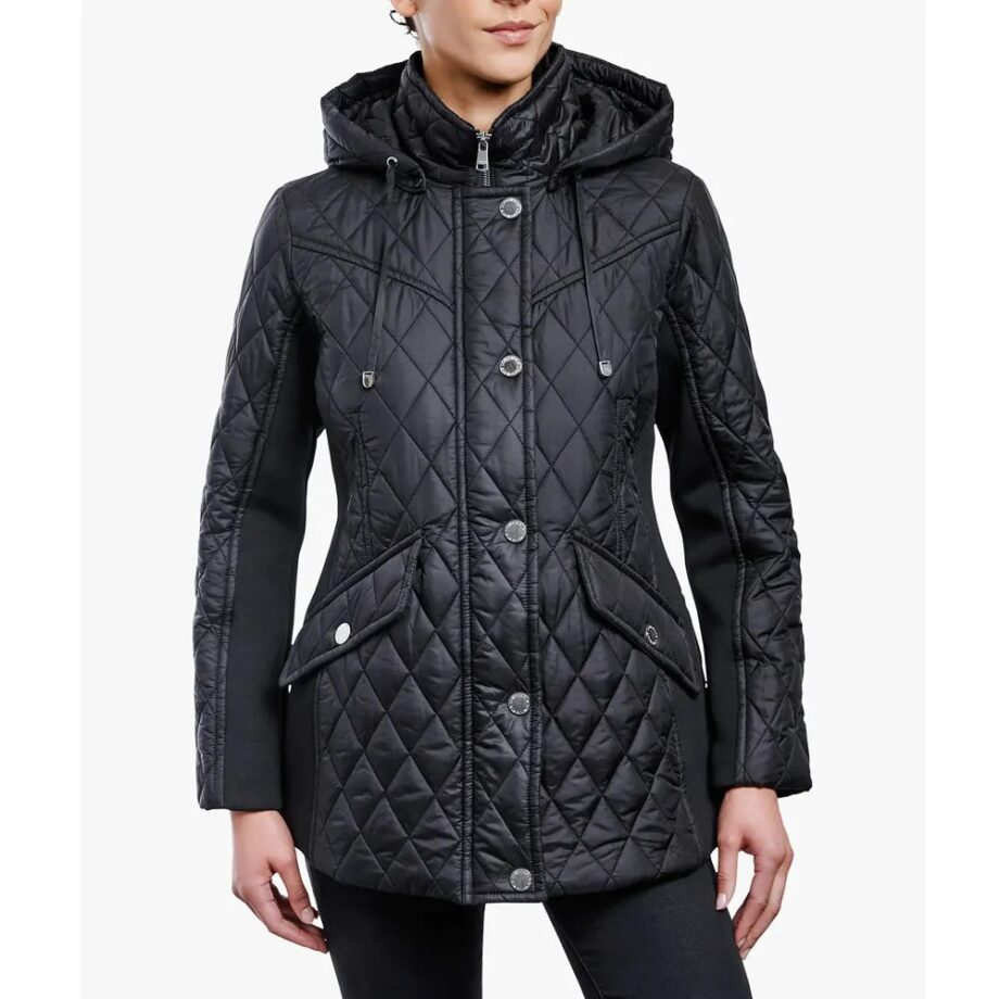 Women Zip Front Diamond Quilted Hooded Jacket