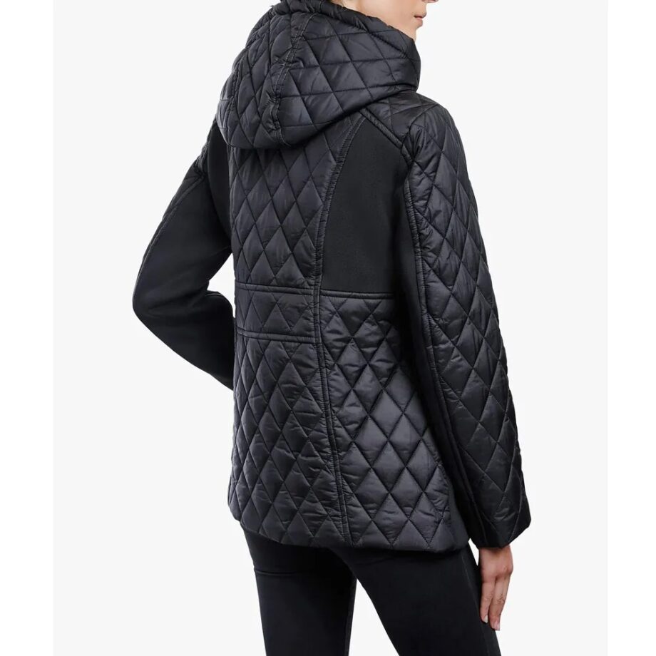 Women Zip Front Diamond Quilted Hooded Jacket