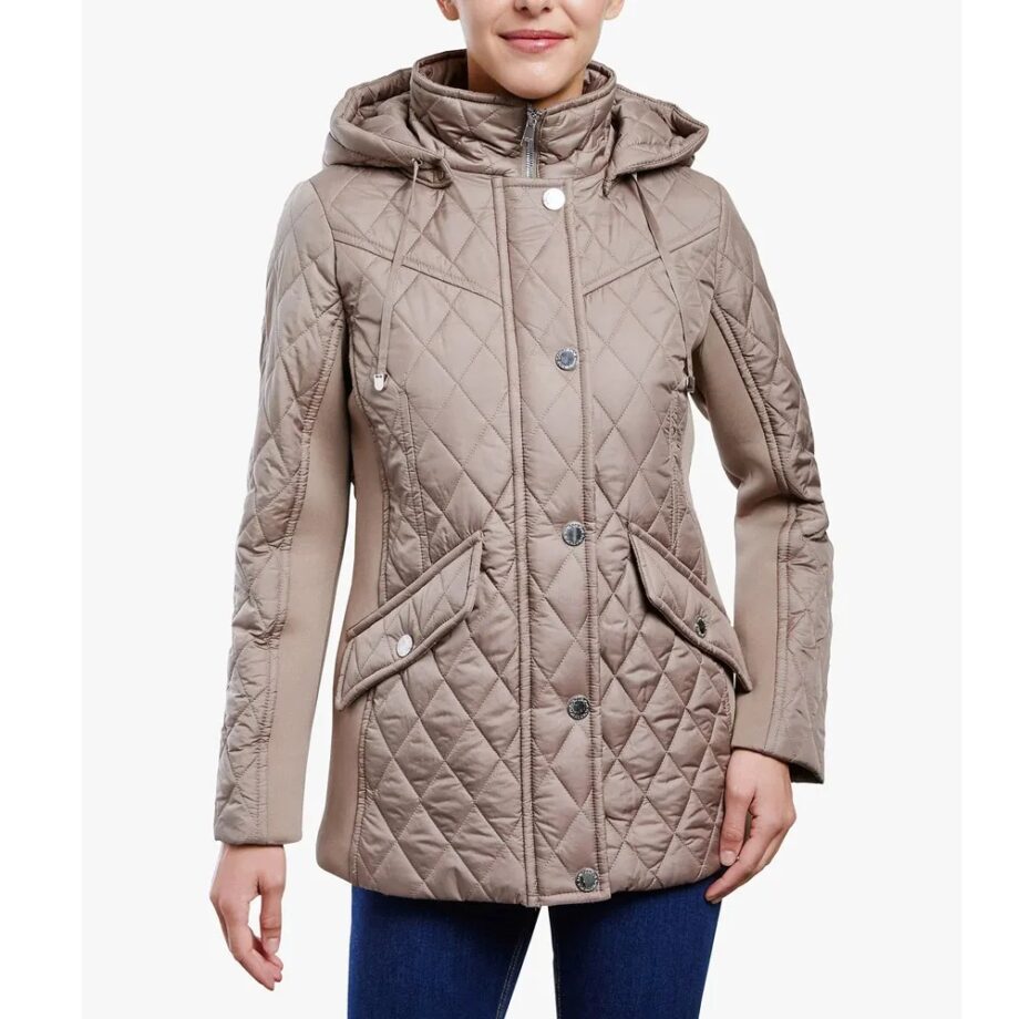 Women Zip Front Diamond Quilted Hooded Jacket