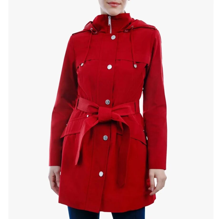 Women Zip Front Belted Hooded Coat