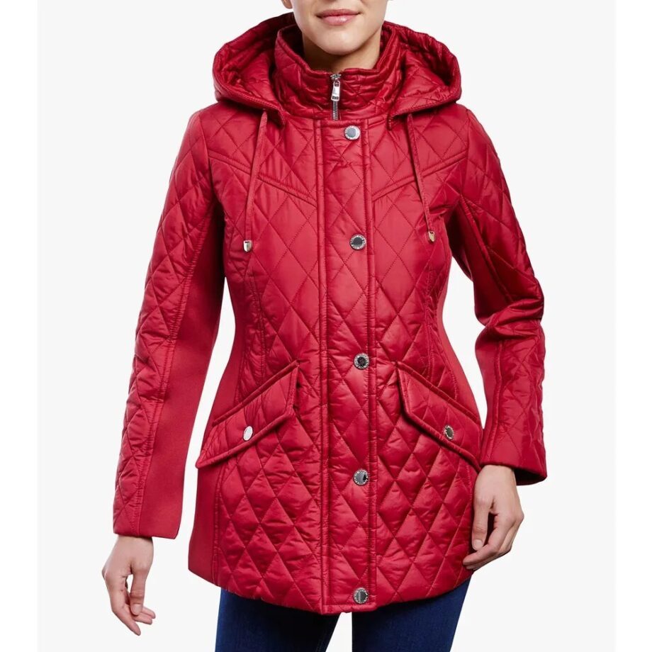 Women Zip Front Diamond Quilted Hooded Jacket